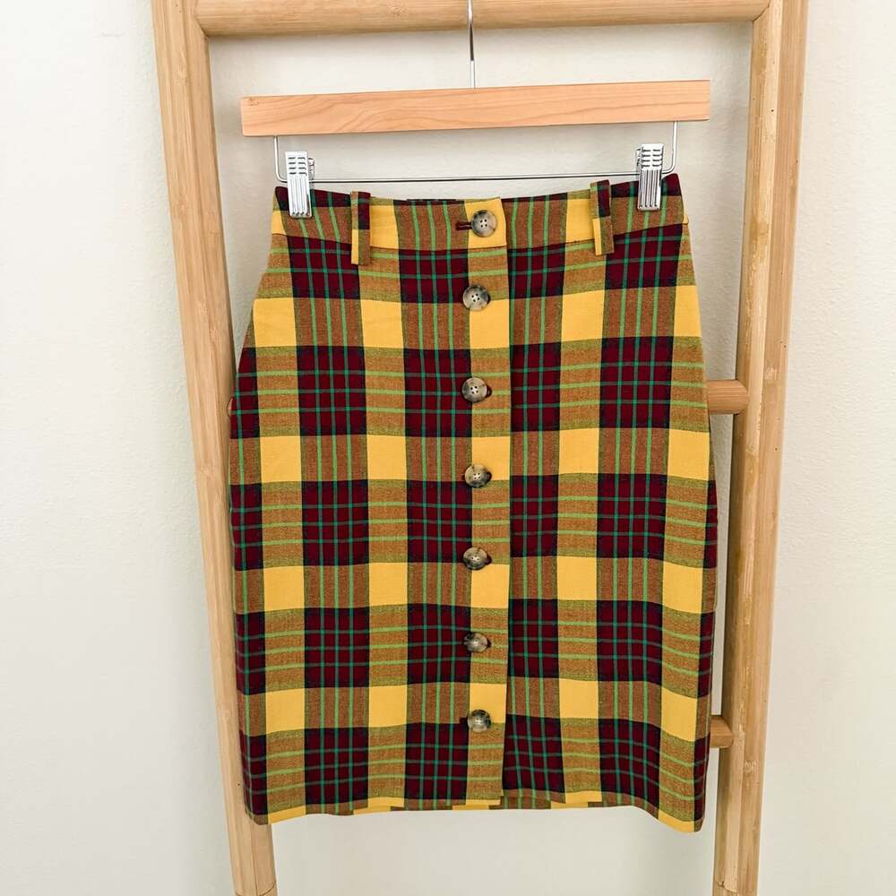 Wilfred Plaid Button Front Midi Skirt Size 8 Yellow Burgundy Green High Waist